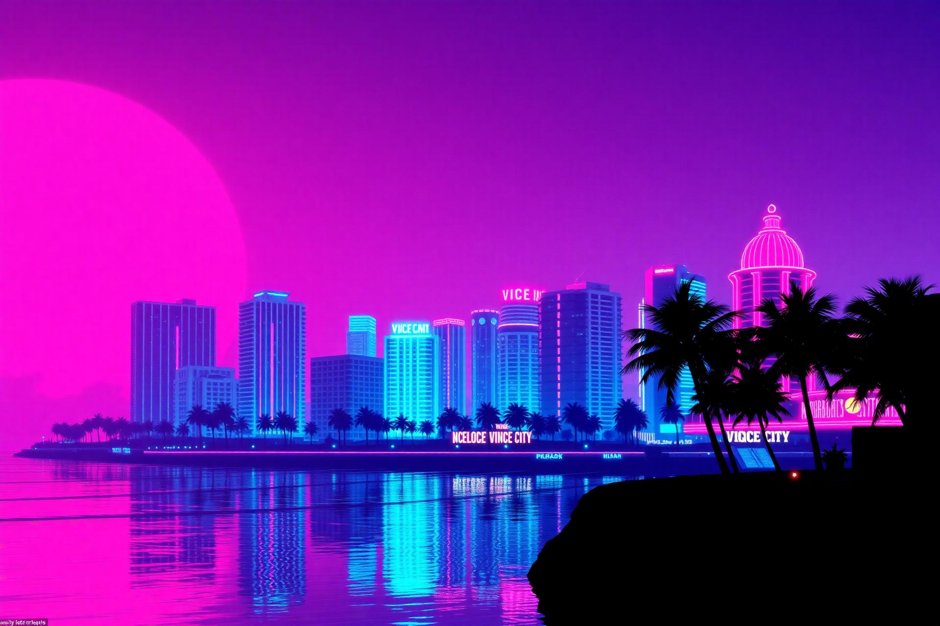 Neon Vice City skyline at sunset